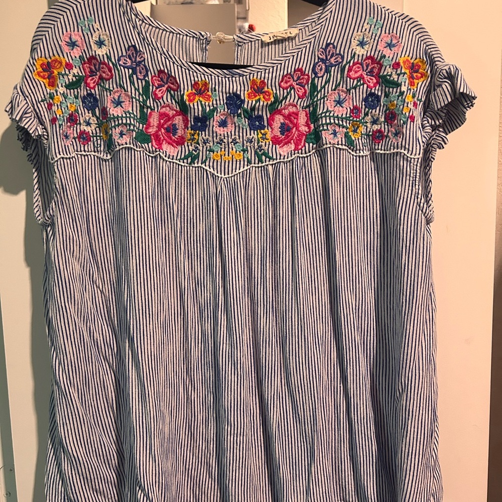 Embroidered Striped Top - Blue and Pink